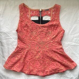 Charlotte Russe Coral Lace Peplum Top Sleeveless Romantic Coquette Peach Blouse